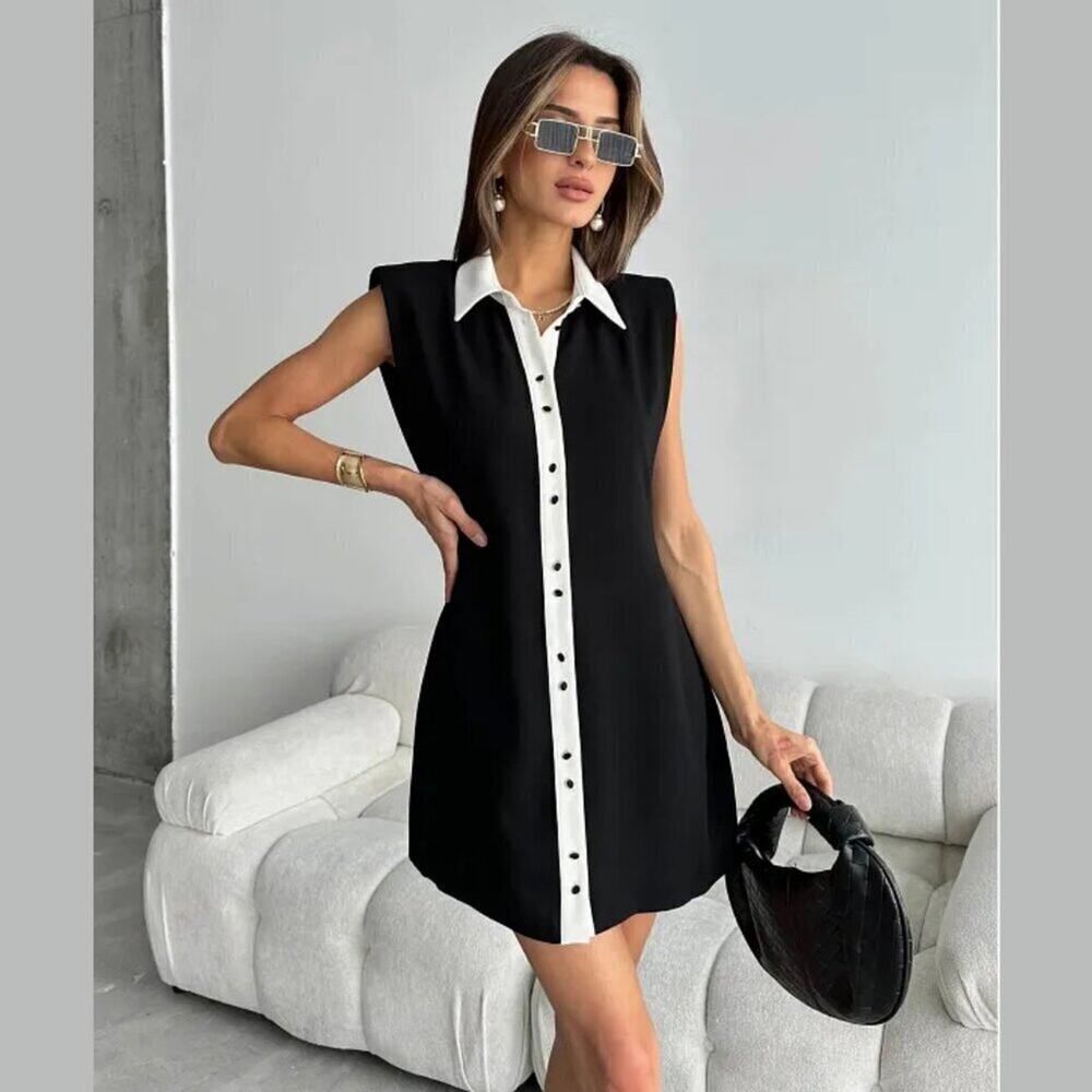 ZARA Contrast Collar Mini Dress Black White NWT Parisian Chic Old Money M L